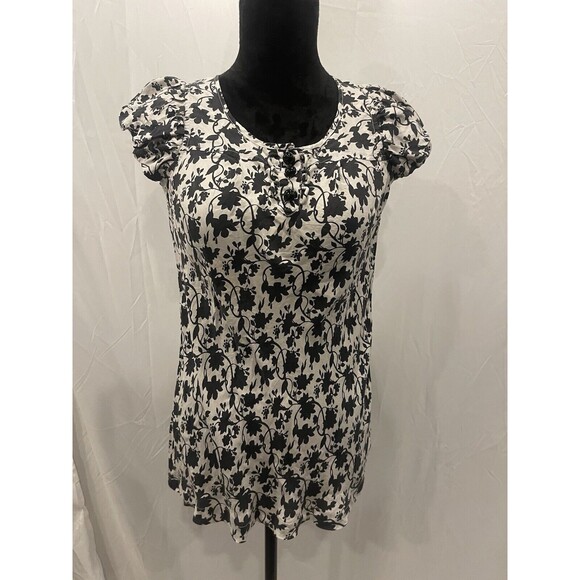 Banana Republic Blouse Top Black White Floral Print Silk V-Neck Size XS - Picture 1 of 7